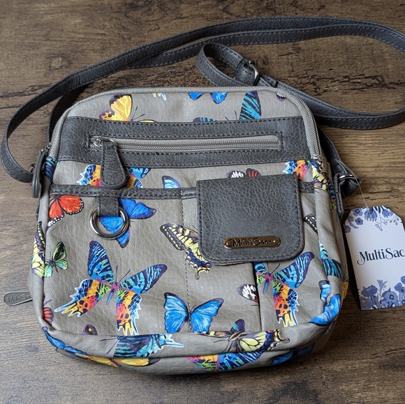 Multisac Handbags - MultiSac Grey Butterfly Burst Zip Around Crossbody Bag, NWT
